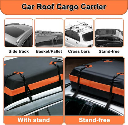 15 Cubic Feet Rooftop Cargo Carrier - Heavy Duty Waterproof Car Roof Bag for All Vehicles with or Without Rack, Includes Anti-Slip Mat, 6 Door Hooks & Luggage Lock