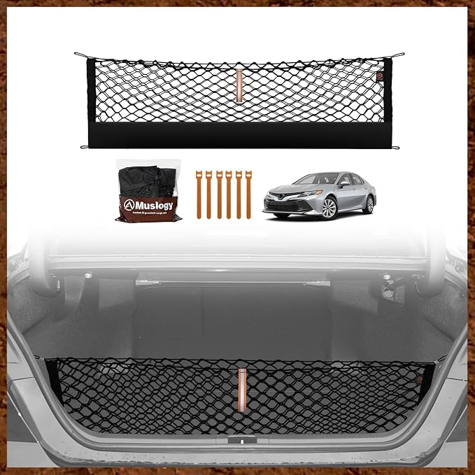 Muslogy Truck Bed Cargo Net Trunk Netting Compatible with 2018-2025 2026 Toyota Camry Accessories, Pickup Cargo Organizer SUV Sedan Storage Net w/Heavy Duty Carabiners