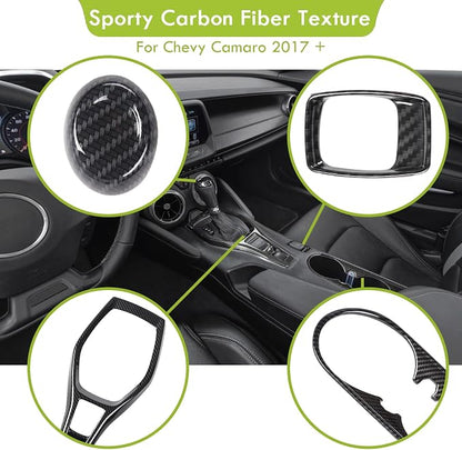 RT-TCZ Carbon Fiber Center Console Gear Shift Panel Trim Cover Cup Holder Frame Shift Knob Cover Sticker Interior Decoration Kit Accessories for 2017 2018 2019 2020 2021 2022 Chevrolet Camaro, 4 PCS