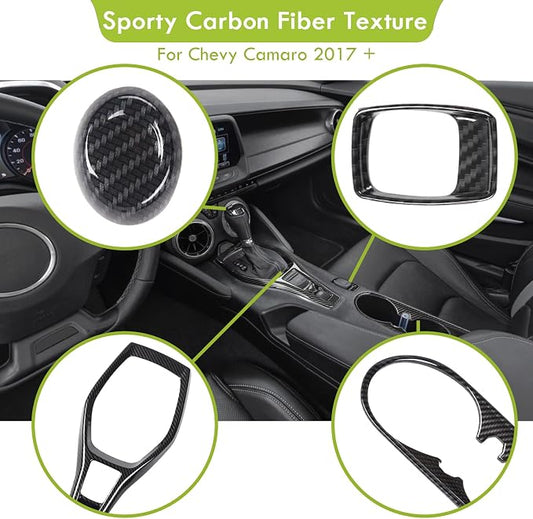 RT-TCZ Carbon Fiber Center Console Gear Shift Panel Trim Cover Cup Holder Frame Shift Knob Cover Sticker Interior Decoration Kit Accessories for 2017 2018 2019 2020 2021 2022 Chevrolet Camaro, 4 PCS
