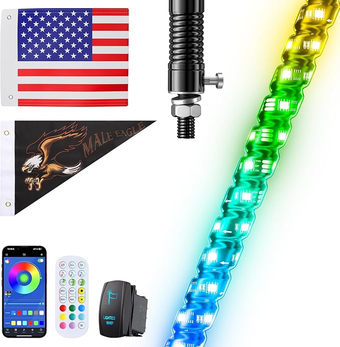 Ehaho 1 PC 3FT Whip Lights with Spring Base, APP & Remote Control Led Whip Lights for Side by Side, Spiral RGB Chasing Lighted Whips with Rocker Switch, Music Led Whips for UTV ATV RZR SXS Can-Am