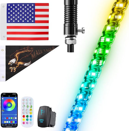 Ehaho 1 PC 3FT Whip Lights with Spring Base, APP & Remote Control Led Whip Lights for Side by Side, Spiral RGB Chasing Lighted Whips with Rocker Switch, Music Led Whips for UTV ATV RZR SXS Can-Am