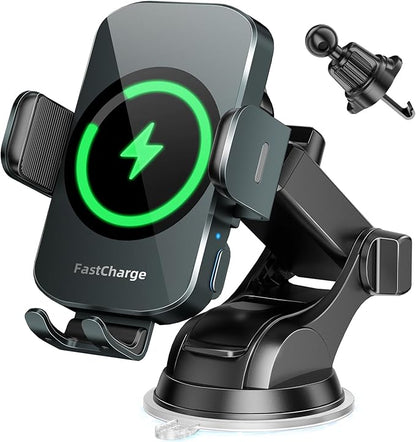 3-in-1 Wireless Car Charger Mount, 15W Fast Charging Auto-Clamping Phone Holder for iPhone 17 16 15 14, Samsung Galaxy S24 S23, Dashboard, Vent & Windshield Car Mount(Forest Green)
