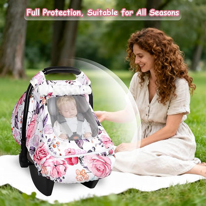 Winter Car Seat Cover Baby with Sunshade & Dual Zipper Windows - Minky Bubble Lined Windproof Soft Shell, Warm Newborn Car Seat Canopy Covers, Elastic Bottom for Stroller & Infant Car Seat, Floral