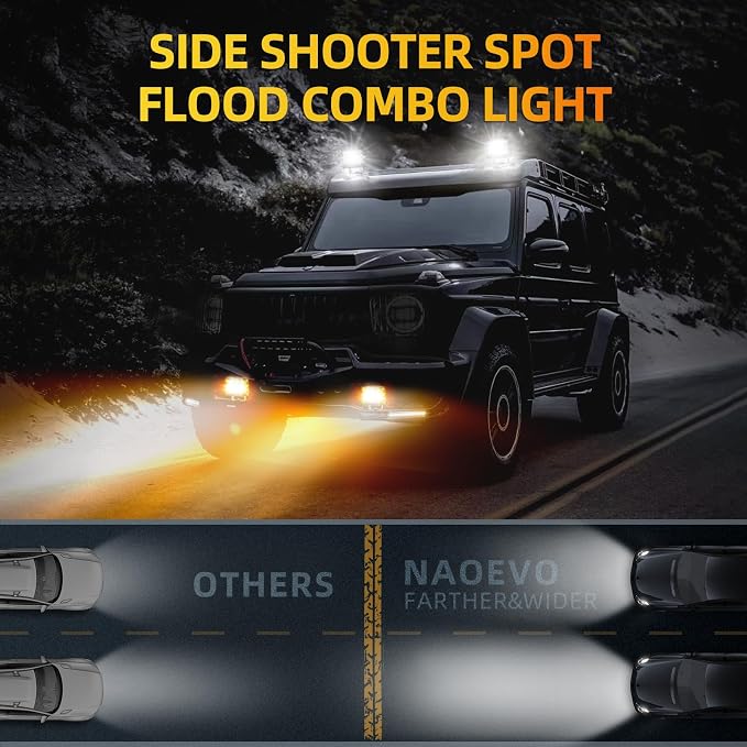 NAOEVO 4 Inch Strobe LED Light Pods, Amber White Blue Red Side Shooter, 6 Modes 60W Off Road Light with Memory Function, Emergency Fog Driving Work Light for Truck Boat ATV SUV with Wiring Harness