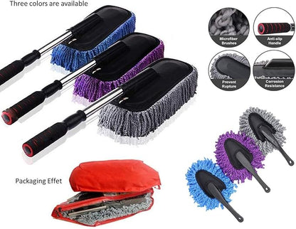 Removable Telescopic Car Wax Drag Nano Fiber Car Wash Brush Car Dusting Tool Car Mop Wax Dash Duster Exterior Interior Cleaning Kit (Premium Car Duster & Dash Duster 2 Pcs Set, Blue)