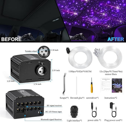 Car Starlight Headliner Kit, 16W Twinkle & Meteor Star Ceiling Lights, 2 in 1 Fiber Optic Light Engine 1100pcs*0.02in*9.8ft+240 RGBW Shooting Stars Lights for Car Home Roof Décor