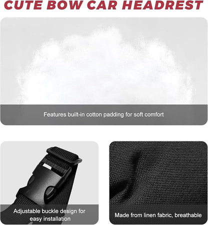 Cute Bow Car Headrest Pillow, Soft Comfortable Bow Auto Seat Pillow with Adjustable Strap, Breathable Ergonomic Neck Support Cushion Bowtie Decoration for Most Vehicles (Black)