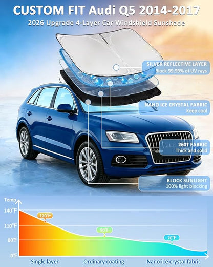 Windshield Sun Shade for Audi SQ5 2014-2017 - 4 Layers Car Sunshades for Front Windows Shade Cover Custom Fit Q5 Sun Visor 250T Retractable Shade Blocks UV Rays Car Accessories