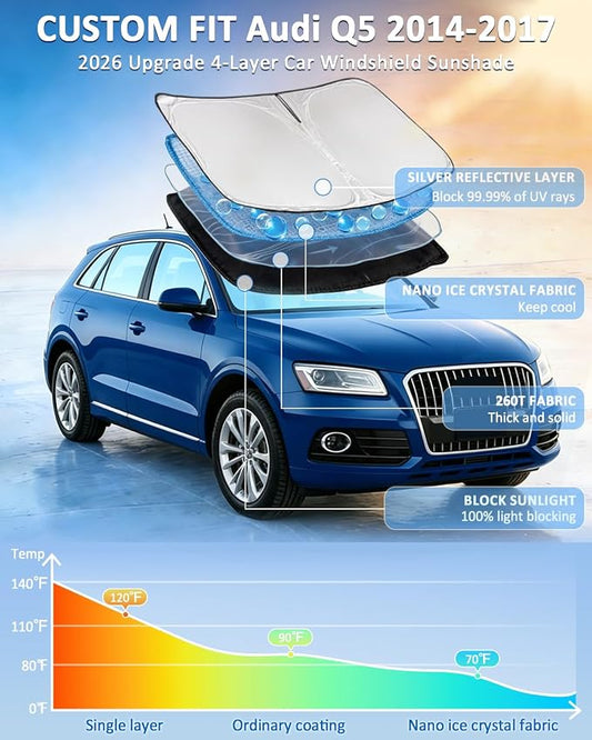 Windshield Sun Shade for Audi SQ5 2014-2017 - 4 Layers Car Sunshades for Front Windows Shade Cover Custom Fit Q5 Sun Visor 250T Retractable Shade Blocks UV Rays Car Accessories