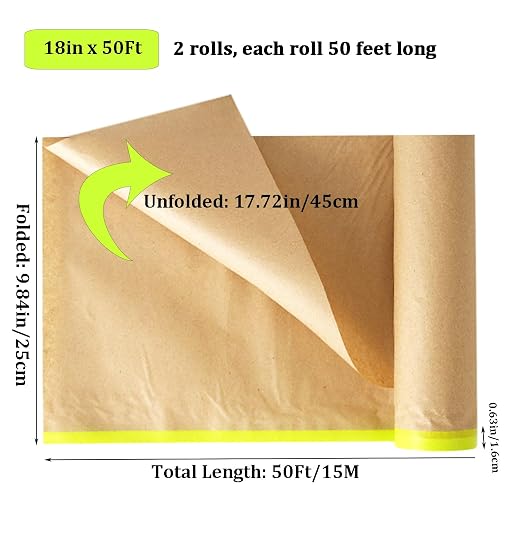 Amonk Paint Masking Paper with Adhesive 18in x 50Ft Pre-Taped Masking Paper for Painting Tape and Drape Painters Paper Roll for Automotive Furniture Wall Protection(2 Rolls)