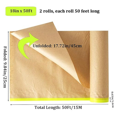 Amonk Paint Masking Paper with Adhesive 18in x 50Ft Pre-Taped Masking Paper for Painting Tape and Drape Painters Paper Roll for Automotive Furniture Wall Protection(2 Rolls)