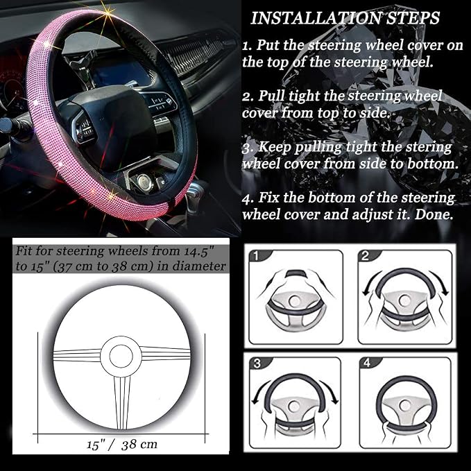 ChuLian New Diamond Leather Steering Wheel Cover with Bling Bling Crystal Rhinestones, Universal Fit 15 Inch Car Wheel Protector for Women Girls Pink Diamond