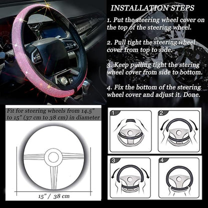 ChuLian New Diamond Leather Steering Wheel Cover with Bling Bling Crystal Rhinestones, Universal Fit 15 Inch Car Wheel Protector for Women Girls Pink Diamond