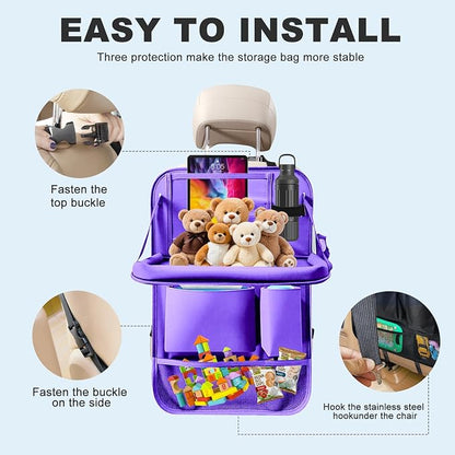2Pack Car Backseat Organizer with Foldable Table Tray,6 Storage Pockets Car Storage Organizer with Tablet Holder,Car Seat Back Protectors Kick Mats Travel Accessories (Purple)