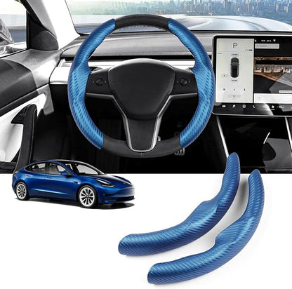 Canvcle Steering Wheel Cover for Tesla Model 3/Model Y Accessories Carbon Fiber Steering Wheel Cover Protector Anti-Slip, Comfortable Grip, Breathable, Model 3/Y Accessories, Blue