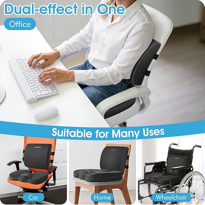 CushZone Seat Cushion, Lumbar Support Pillow with Adjustable Strap-Chair Cushions for Sciatica Pain Relief-with Washable Cover Memory Foam for Car, Travel and Wheelchair-Gray X-Large