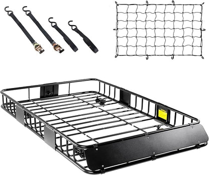 64"x39" Universal Roof Rack Basket with Net, Strap, Wind Fariring, Heavy-Duty Roof Rack Cargo Carrier up to 250 lbs, Weather-Resistant for SUV/Truck/Jeep/Camping/Travel