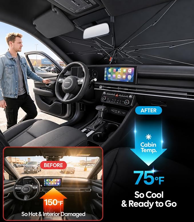 Wigoo Windshield Sun Shade Umbrella for Hyundai Tucson [100% Sun Blockage, Ice Cooling Fabric] Reflective Heat Insulation, Foldable Front Window Sunshade Umbrella for Hyundai Tucson 2005-2026