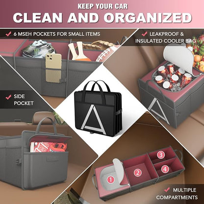 K KNODEL Sturdy Car Trunk Organizer with Premium Insulation Cooler Bag, 3 Compartments Heavy Duty Collapsible for Car, SUV, Truck, or Van (Large, Red)
