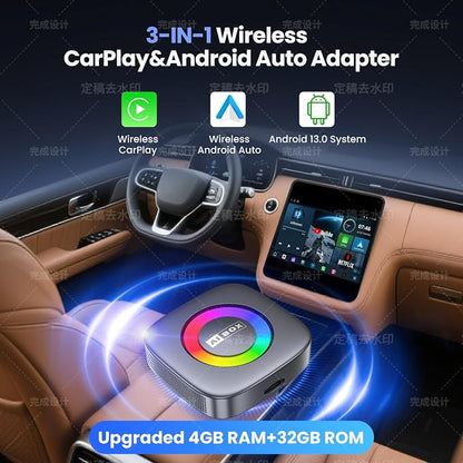 3-in-1 Wireless CarPlay/Android Auto Adapter Compatible with Netflix/YouTube/TikTok for iPhone & Android, Plug & Play Dongle for Car with Wired CarPlay, Smart AI Box with WiFi and Bluetooth 5.3