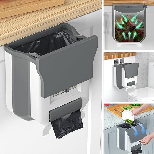HI NINGER Small Compost Bin with Lid for Counter Top or Under Sink,Hanging Trash can,Foldable Kitchen Trash can 2.4 Gallon for Cabinet/Car Trash Can with Lid/RV/Bathroom/Camping