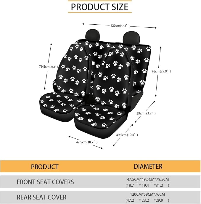 Paw Print Car Seat Covers Full Set,White Animal Pet Claws on Black Cute Animal Footprints Vehicle Front Rear Bench Cushion Protectors Auto Interior Accessories Universal Fit for Trucks Sedans