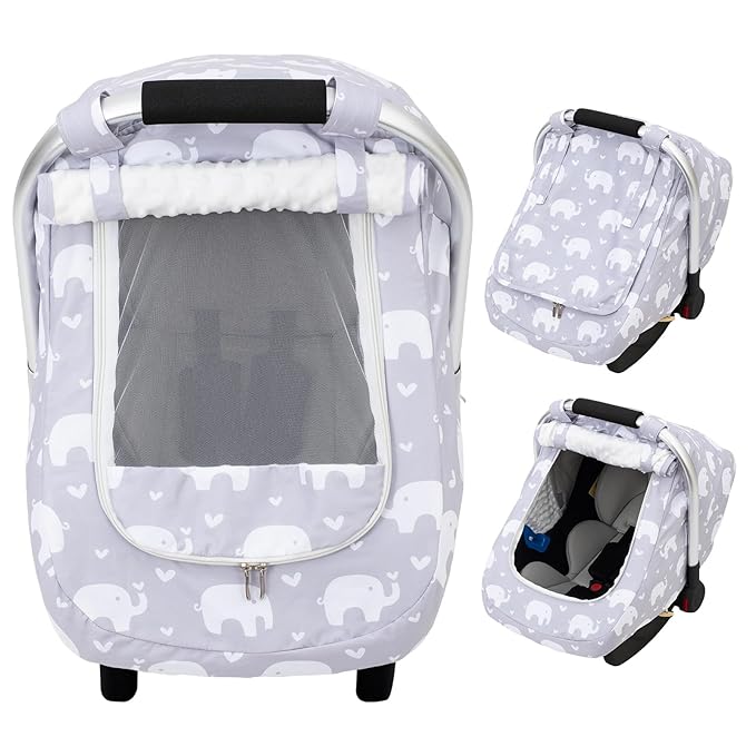Car Seat Cover Baby, Mink Dot Infant Car Seat Cover for Outdoor, Breathable Carseat Cover with Mesh Peep Window & Sun Shade, Easy Access Baby Carrier Canopy Snug Fit Stroller