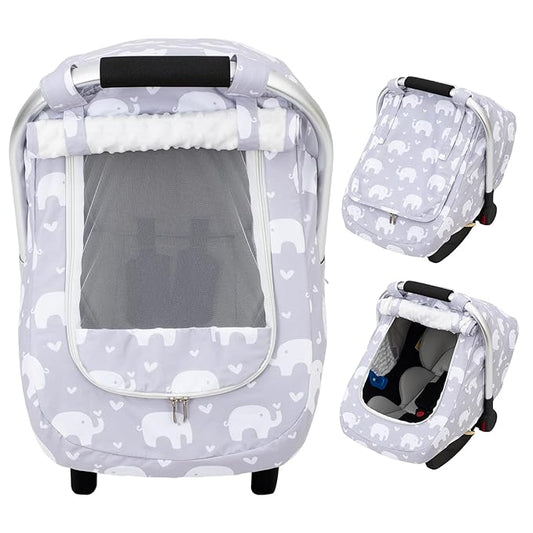 Car Seat Cover Baby, Mink Dot Infant Car Seat Cover for Outdoor, Breathable Carseat Cover with Mesh Peep Window & Sun Shade, Easy Access Baby Carrier Canopy Snug Fit Stroller
