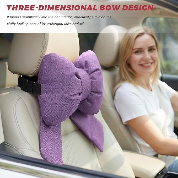 Cute Bow Car Headrest Pillow, Soft Comfortable Bow Auto Seat Pillow with Adjustable Strap, Breathable Ergonomic Neck Support Cushion Bowtie Decoration for Most Vehicles (Purple)