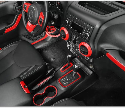 18PCS Full Set Interior Trim Kit for Jeep Wrangler JK JKU 2011-2018 4 Door,Center Console Door Handle Side Outlet Cup Holder Gear Cover Trim (Red)