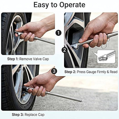 Truck Tire Gauge Dual Head Tire Pressure Gauge Heavy Duty Truck Air Chuck Range 10-150PSI 1-10Bar Pen Tires Gauges Extension Straight Foot Chuck Auto Service Gauges for Semi Trucks RV Motorcycle Car
