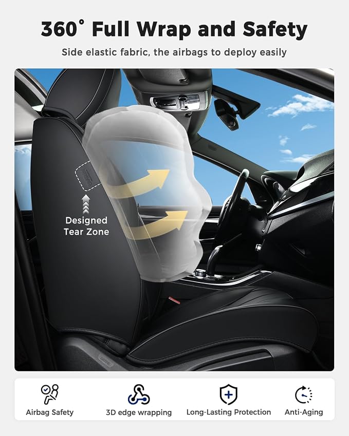 Huidasource Front Seat Covers, Universal Fit for Most Cars SUV Trucks, Full Coverage Leather Seat Cover, Airbag Compatble, Seat Function Retain, Storage Pocket Design, Easy to Install, Black