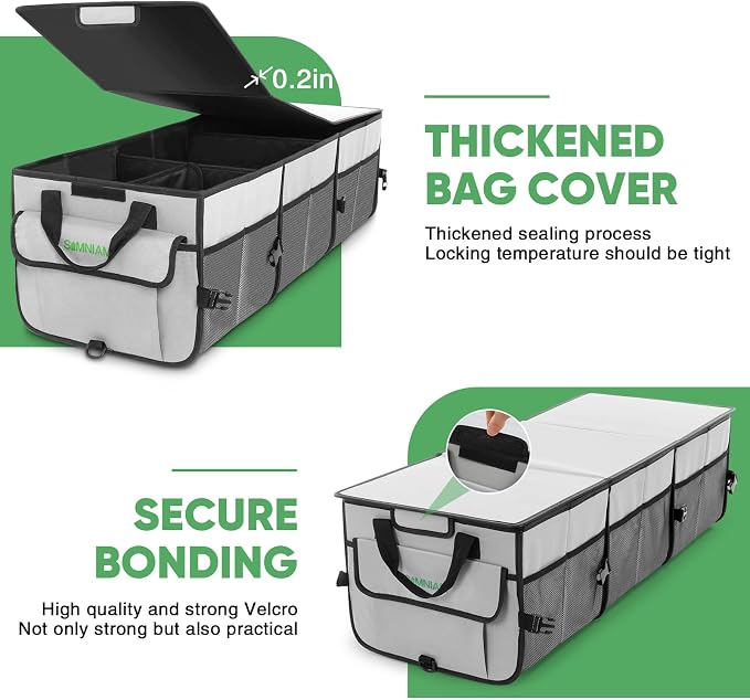Simniam Car Trunk Organizer with Insulated Grocery Bag- 110L High Capacity Car Storage Box, with 4 Compartments, Reflective Strip, Cover, for Auto, SUV, Truck, Minivan