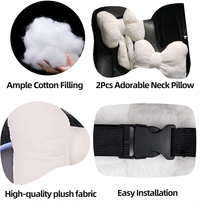 Car Neck Pillow 2PCS Plush Bowknot Car Headrest Pillow – Comfortable Neck Support for Driving Soft Touch Fabric Car Pillow Cute Interior Decor (White Set 4 Pcs)