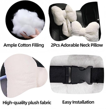 Car Neck Pillow 2PCS Plush Bowknot Car Headrest Pillow – Comfortable Neck Support for Driving Soft Touch Fabric Car Pillow Cute Interior Decor (White Set 4 Pcs)