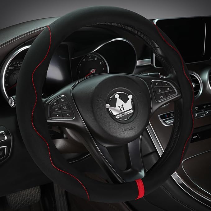 HighnessHwoo Luxury Suede Steering Wheel Cover for Cars, Soft Leather Padded Wheels Cover for F150, Trucks, Jeep, Van, Auto Thin Large Car Handle Cover, Universal Fit, Anti Slip, 15.2-16in, Black
