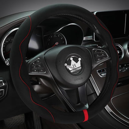 HighnessHwoo Luxury Suede Steering Wheel Cover for Cars, Soft Leather Padded Wheels Cover for F150, Trucks, Jeep, Van, Auto Thin Large Car Handle Cover, Universal Fit, Anti Slip, 15.2-16in, Black