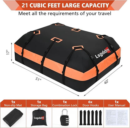 Roof Bag, Waterproof Soft Car Top Carrier Without Rack, 21 Cubic Feet Cargo Carrier for Top of All Vehicles with/Without Rack, Includes Anti-Slip Mat, 6 Door Hooks, Luggage Lock, Storage Bag