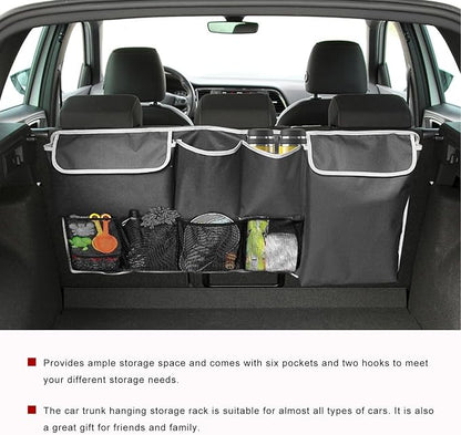Car Trunk Hanging Organizer, Foldable Backseat Hanging Storage Bag with 6 Large Pockets 2 Hooks, Waterproof Collapsible Cargo Organizer Auto Interior Accessories for SUV Truck MPV