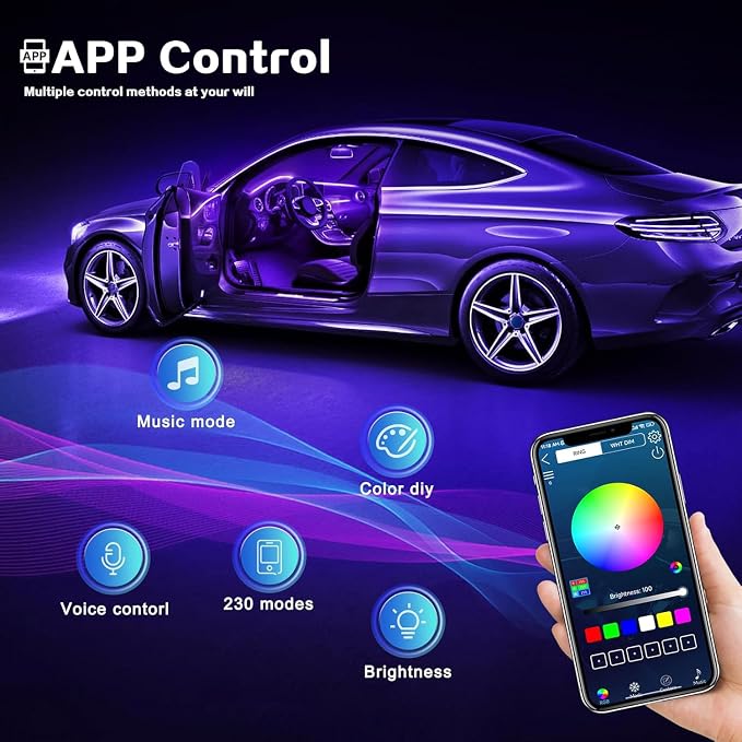 Acrylic Interior Car LED Strip Light with Wireless APP, 14 in 1 with 175 inches 593 LEDs Neon LED Strip Light, RGB Colors Dynamic Music Sync Car Ambient Lighting Kits