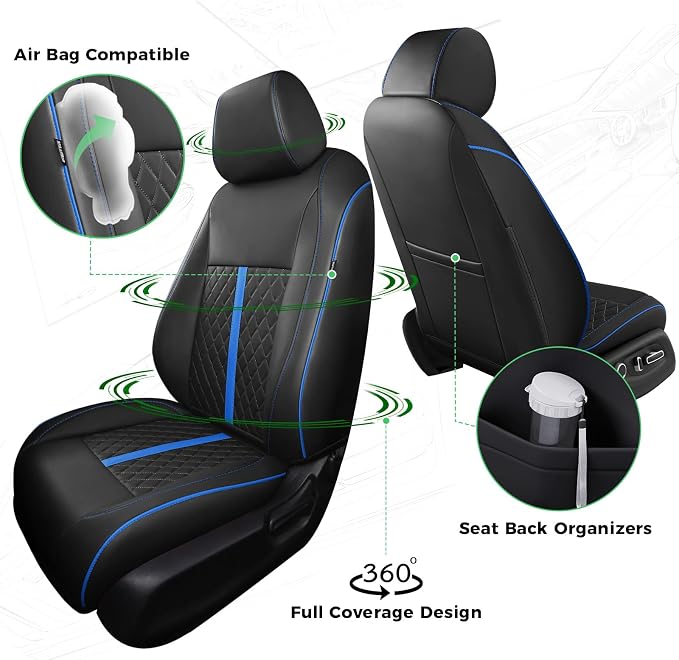 for Honda Civic Leather Seat Covers, Sedan LX 2016 2017 2018 2019 2020 2021, Custom Fit Car Seat Cover Full Set, Waterproof Accessories, Black Blue (Solid Bench Seats- W/O Rear Armrest)