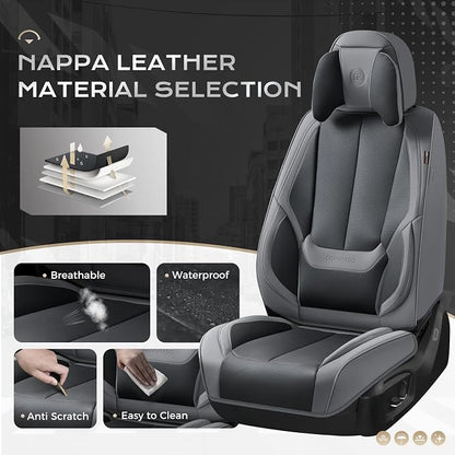Coverado Seat Covers Full Set, 5 Seats Seat Covers for Cars, Waterproof Nappa Leather Car Seat Covers with Head Pillow, Seat Protectors Car Seat Cushion Universal Fit for Most Cars (Gray&Black)