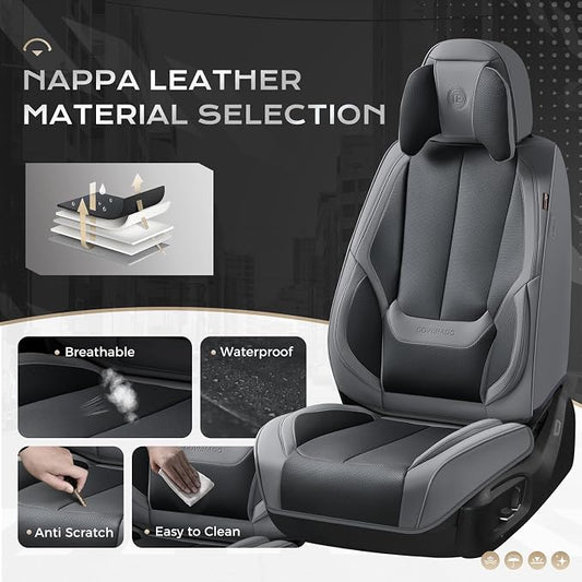 Coverado Seat Covers Full Set, 5 Seats Seat Covers for Cars, Waterproof Nappa Leather Car Seat Covers with Head Pillow, Seat Protectors Car Seat Cushion Universal Fit for Most Cars (Gray&Black)
