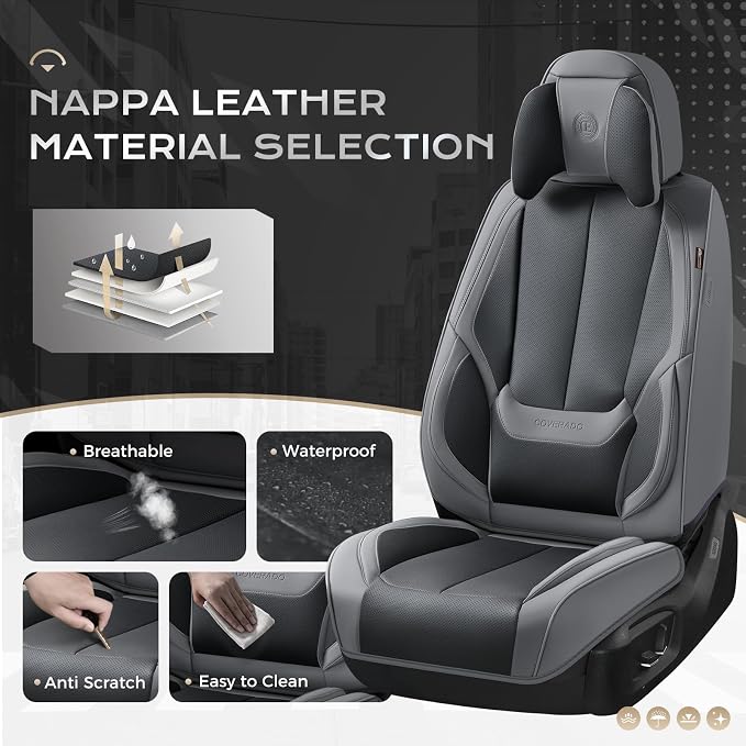 Coverado Seat Covers, Car Seat Covers Front Seats, Car Seat Cover, Car Seat Protector Waterproof, Seat Cushion Nappa Leather with Head Pillow, Carseat Cover Universal Fit for Most Cars (Gray&Black)