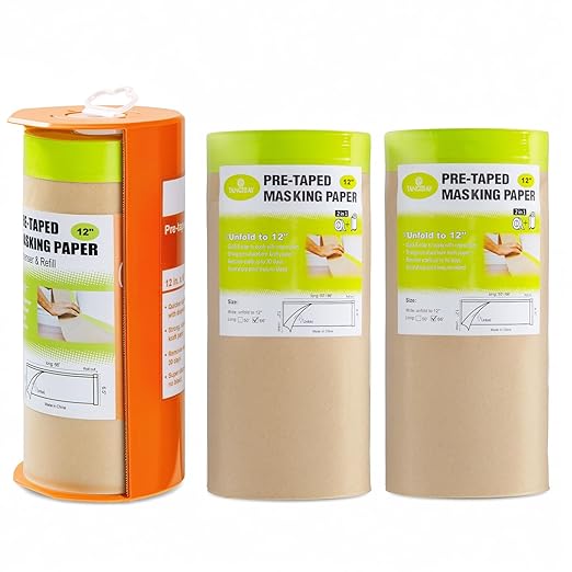 Tangibay Pre-Taped Masking Paper with Dispenser - 12" x 66' Painters Paper and Tape for Painting House, Auto Body, Cars (1 Dispenser 3 Refills)