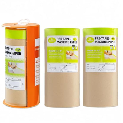 Tangibay Pre-Taped Masking Paper with Dispenser - 12" x 66' Painters Paper and Tape for Painting House, Auto Body, Cars (1 Dispenser 3 Refills)