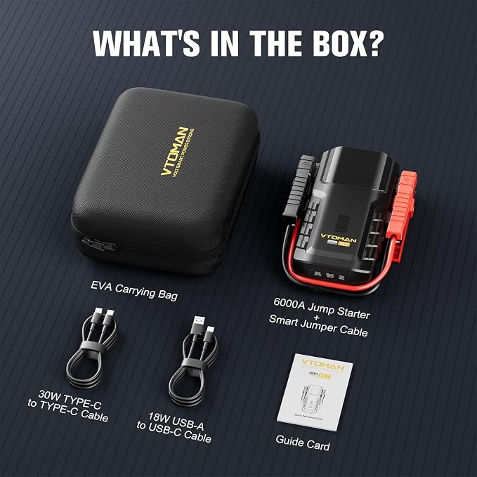 VTOMAN VL7 6000A Jump Starter Upgraded with LiFePO4 Battery,24000mAh Portable Car Battery Booster (All Gas/10L Diesel),12V Jump Box Power Pack with USB-A,Type-C & DC Output,LED Light,EVA Bag