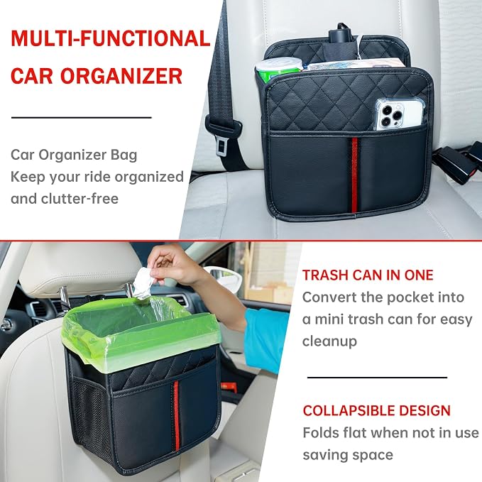 Car Seat Back Organizer, 1 Pack Multifunctional car organizers and storage with Cup Holders, Car Trash Can, Back of Seat Car Organizer for Kids & Adults, Universal for Most Cars, Black
