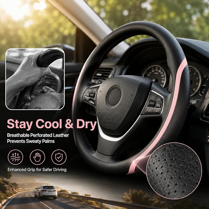 Steering Wheel Cover Black Pink, Leather Car Steering Wheel Covers with Coasters Universal 14.5-15 inch Microfiber Breathable Anti-Slip Steering Wheel Accessories Set